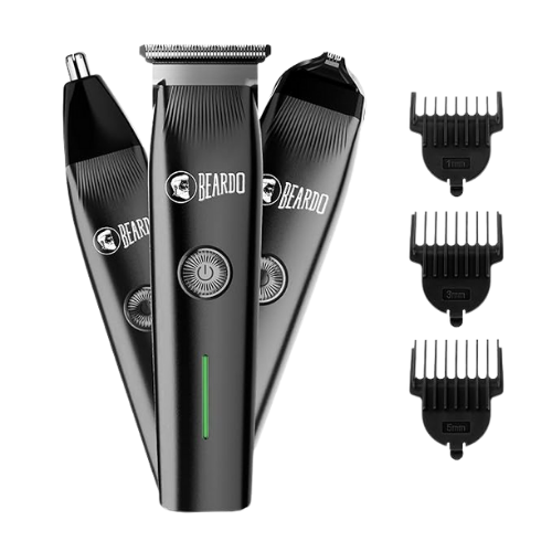 Beardo Apex Prime grooming kit men with three attachments for beard, mustache, and nose hair trimming, featuring stainless steel blades and rechargeable battery.