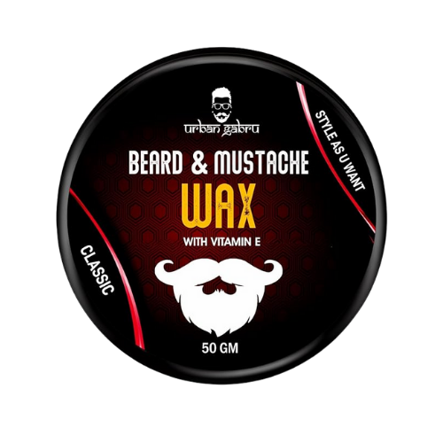 UrbanGabru mustache and beard wax jar, applying UrbanGabru beard wax on a styled mustache, citrus-scented beard and mustache wax.