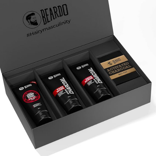 Beardo charcoal men skincare set – face wash, peel-off mask, scrub, brick soap