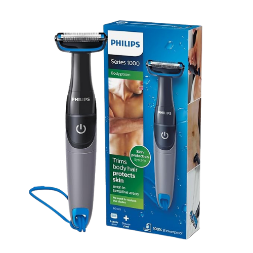Philips BG1025/15 Body Trimmer shown in black, featuring stainless steel blades and a Skin Protection System, designed as a waterproof shaver trimmer for all body areas including chest, arms, back, shoulders, legs, underarms, and private parts. This waterproof shaver trimmer is fully cordless and showerproof, allowing wet and dry use, and includes a 3 mm attachment comb for precise trimming in any direction. The waterproof shaver trimmer has long-lasting blades that do not require frequent replacement, making it a durable and reliable grooming tool. With easy cleaning under running water, this waterproof shaver trimmer is maintenance-free, lightweight, and ergonomically designed for sensitive skin. Trusted globally, the Philips BG1025/15 is considered the ultimate waterproof shaver trimmer for men seeking safe, efficient, and full-body grooming.