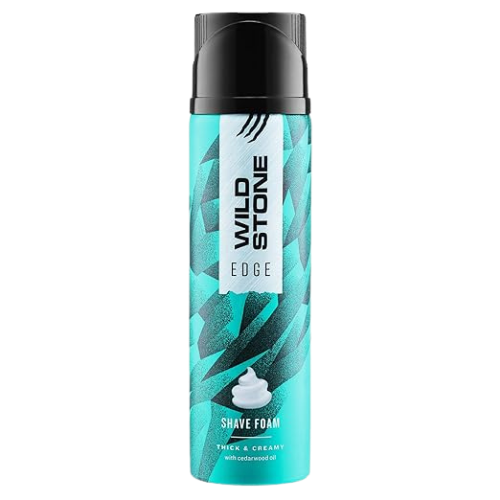 Wild Stone shaving cream foam lather on a razor, men shaving with Wild Stone foam, Wild Stone shaving cream foam tube and packaging.