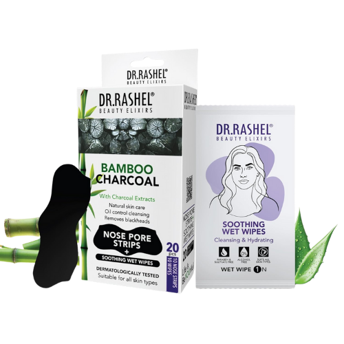 Close-up product shot of DR. Rashel blackhead remover strips in their packaging, highlighting bamboo charcoal and tea tree oil ingredients, designed for deep pore cleansing and effective blackhead removal. The blackhead remover strips are shown as sleek nose patches that target clogged pores, excess oil, and impurities, leaving the skin smoother, clearer, and healthier. Ideal for men and women of all skin types, these blackhead remover strips offer a quick solution for removing stubborn blackheads, minimizing pores, and promoting radiant skin. The packaging displays ten individual nose strips, emphasizing convenience and long-lasting supply for multiple treatments, making these blackhead remover strips a trusted addition to any skincare routine.