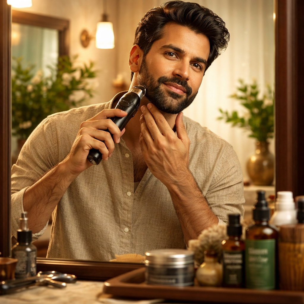 men grooming his beard to look and feel confident