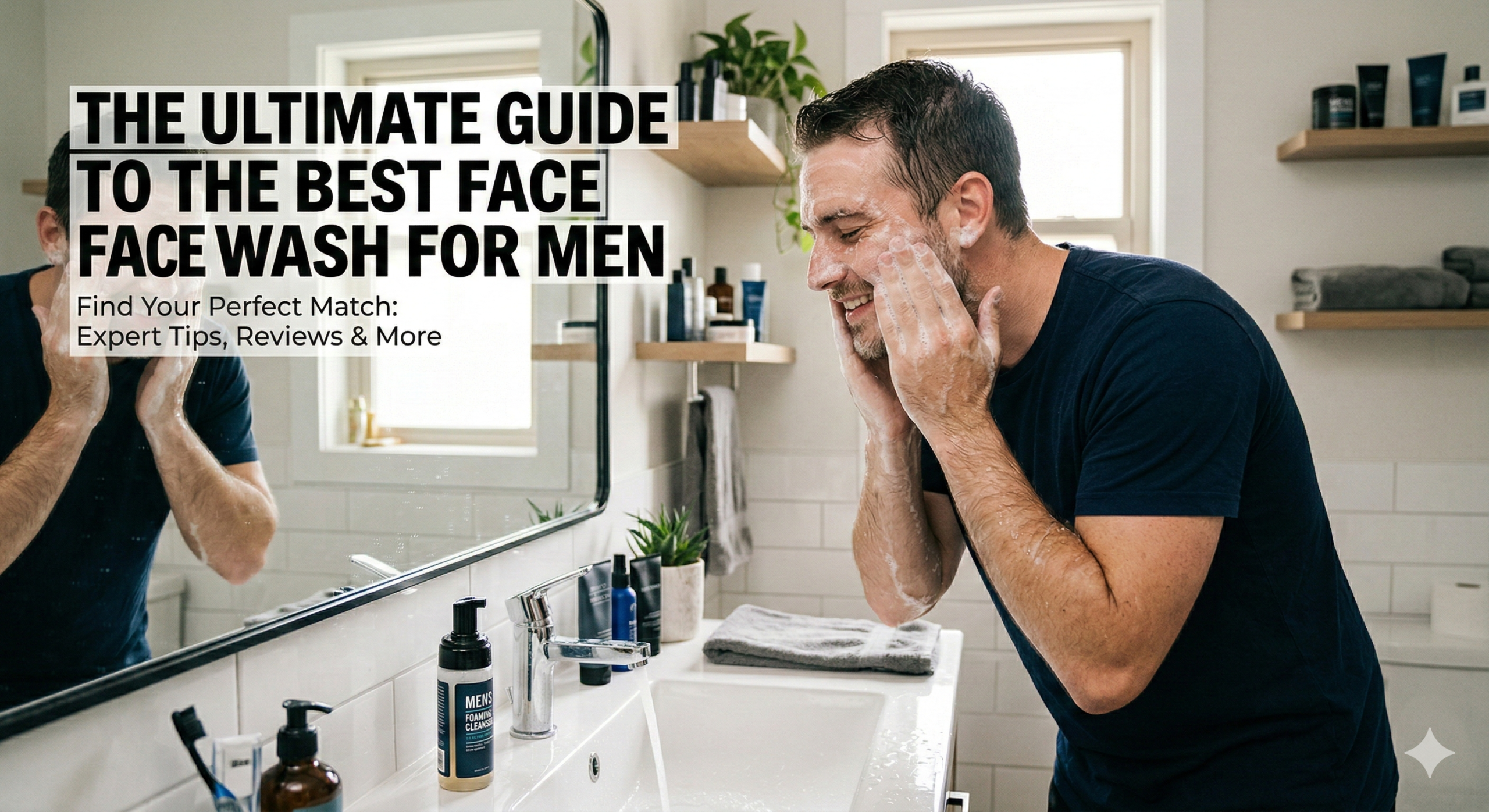 a man doing face wash and this text written "The Ultimate Guide to the Best Face Wash for Men" in a bathroom setting
