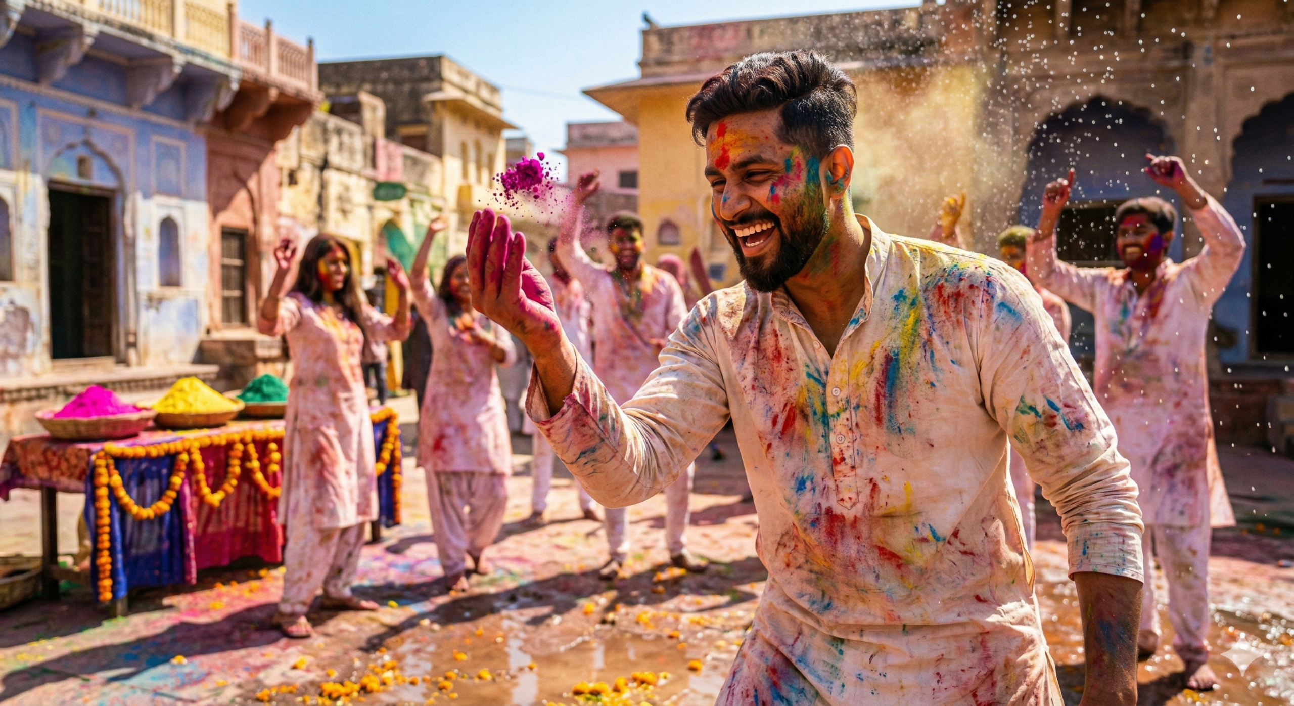 You said give alt text for it and include beard care guide in it Gemini said A vibrant photograph captures a smiling man celebrating Holi, his face, beard, and white kurta covered in multi-colored powder. He holds a hand covered in purple color up to the camera, while a crowd dances in a decorated courtyard in the background. Holi Beard Care Guide: To keep your beard healthy and clean after Holi